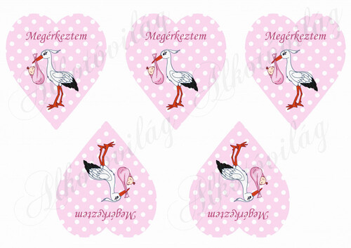 Megérkeztem pöttyös rózsaszín szívek gólyával