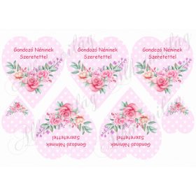   Rózsaszín pöttyös szív rózsával - Gondozó néninek szeretettel felirattal