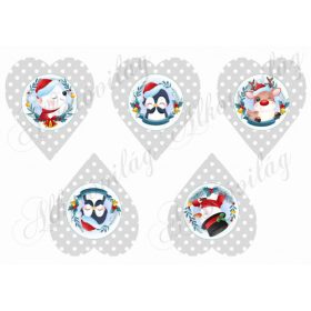 Halvány szürke pöttyös szívek cuki téli  figurákkal