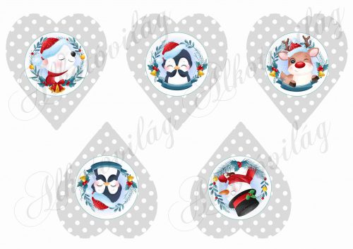 pale grey polka dot hearts with cute winter figures