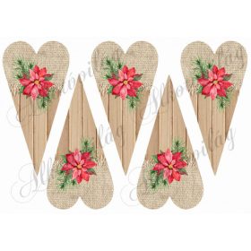   Hosszúkás szívek fából és textilből mikulásvirágokkal