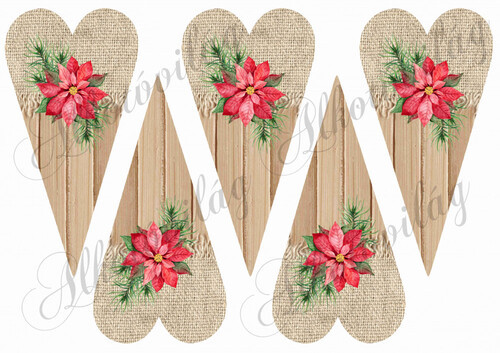 Hosszúkás szívek fából és textilből mikulásvirágokkal