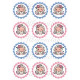   Cuki angyalka rózsás fejdísszel kék és rózsaszín cakkos körökben KICSIBEN