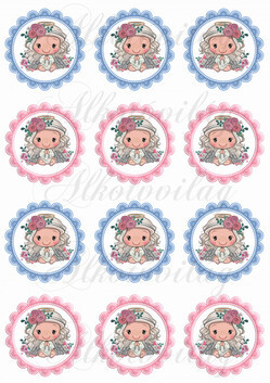 Cuki angyalka rózsás fejdísszel kék és rózsaszín cakkos körökben KICSIBEN