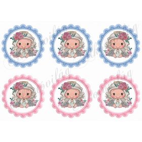   Cuki angyalka rózsás fejdísszel kék és rózsaszín cakkos körökben