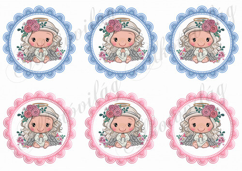 Cuki angyalka rózsás fejdísszel kék és rózsaszín cakkos körökben