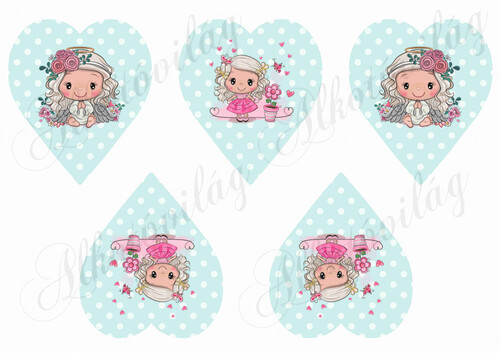 Cuki angyalka rózsás fejdísszel pöttyös szíveken