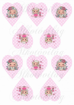 Cuki angyalka rózsás fejdísszel rózsaszín pöttyös szíveken KICSIBEN