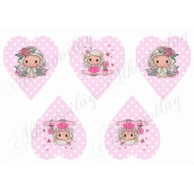   Cuki angyalka rózsás fejdísszel rózsaszín pöttyös szíveken