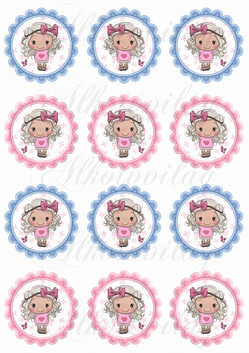 Cuki kislány rózsaszín masnival kék és rózsaszín cakkos körökben KICSIBEN