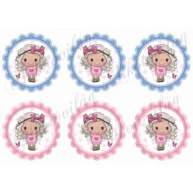   Cuki kislány rózsaszín masnival kék és rózsaszín cakkos körökben