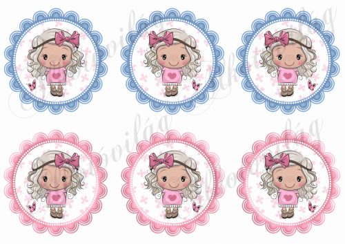 cute little girl with pink bow in blue and pink zigzag circles
