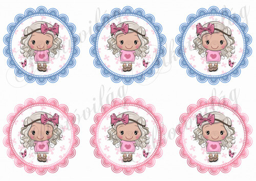 Cuki kislány rózsaszín masnival kék és rózsaszín cakkos körökben