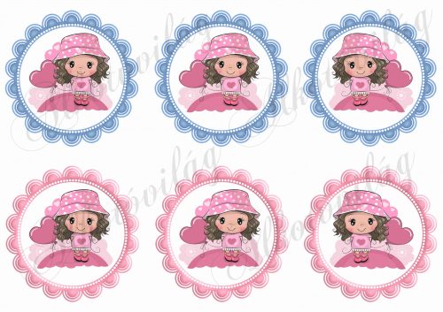 Cuki kislány rózsaszín pöttyös kalappal kék és rózsaszín cakkos körökben