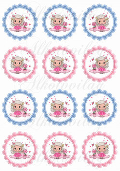 Tüneményes kislány pillangóval, virággal kék és rózsaszín cakkos körökben KICSIBEN