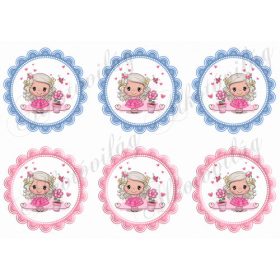   Tüneményes kislány pillangóval, virággal kék és rózsaszín cakkos körökben