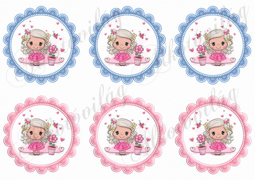 Tüneményes kislány pillangóval, virággal kék és rózsaszín cakkos körökben