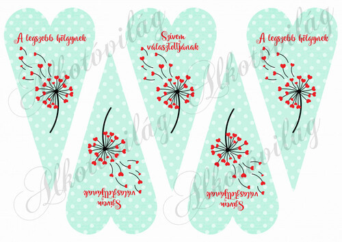 Pitypangok szívekből feliratokkal pöttyös szív alapon