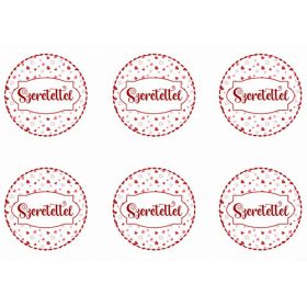 SZERETETTEL felirat aprócska szíves körökben