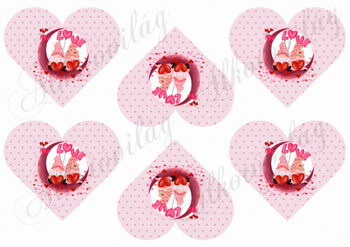 Valentin napi holdon ülő manópár pöttyös szíveken