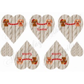 Kutyusok szív füzérrel kötött mintás szíveken