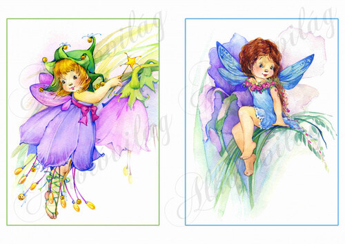 Tündérek kékes-lilás virágokkal