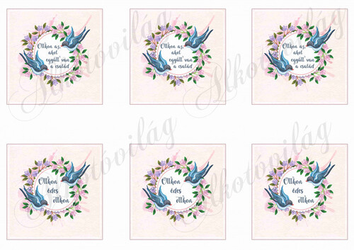 Virágos koszorúk fecskékkel, otthon feliratokkal