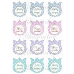 Pöttyös tulipánok cakkos körökkel nőnapi feliratokkal