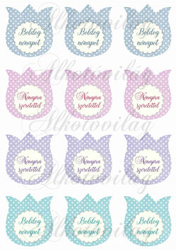 Pöttyös tulipánok cakkos körökkel nőnapi feliratokkal