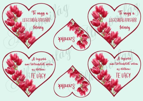 hearts with tulips + lovely inscriptions on light blue background