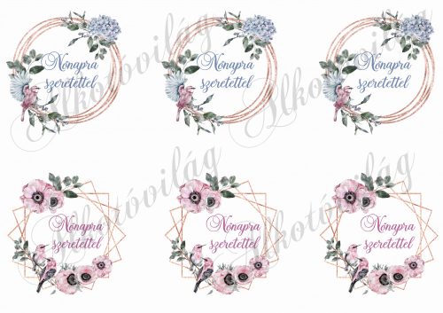 Virágkoszorú hortenziával, kismadarakkal nőnapi feliratokkal