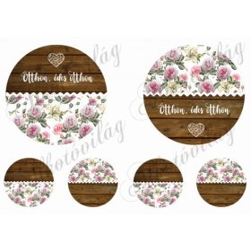  Otthon édes otthon felirat fa és rózsás mintás körökön