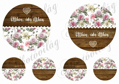 Otthon édes otthon felirat fa és rózsás mintás körökön