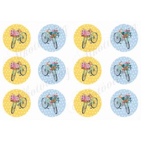   Napsárga és halványkék pöttyös körök virágos biciklikkel