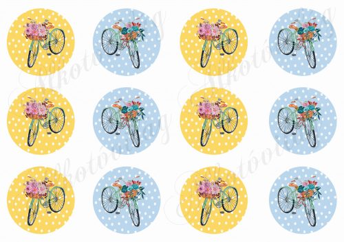 Napsárga és halványkék pöttyös körök virágos biciklikkel