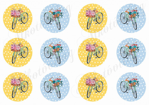Napsárga és halványkék pöttyös körök virágos biciklikkel