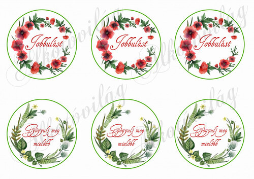 Pipacsos és zöld leveles körök Jobbulást és Gyógyulj meg mielőbb feliratokkal