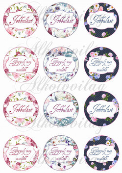 Virágos, rózsás körök fehér kártyákkal Jobbulást és Gyógyulj meg feliratokkal