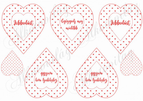 Piros apró szív mintás szívek Jobbulást és Gyógyulj meg feliratokkal