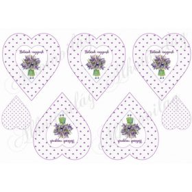   Lila apró szív mintás szívek Hálásak vagyunk felirattal levendula virágos kislánnyal