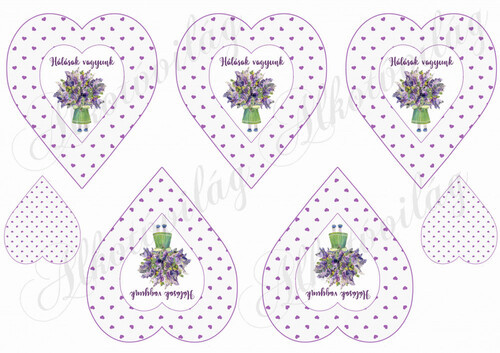Lila apró szív mintás szívek Hálásak vagyunk felirattal levendula virágos kislánnyal