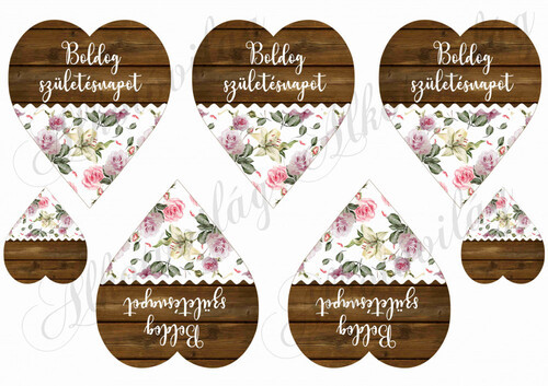 Fa és rózsamintás szívek - BOLDOG SZÜLETÉSNAPOT felirattal