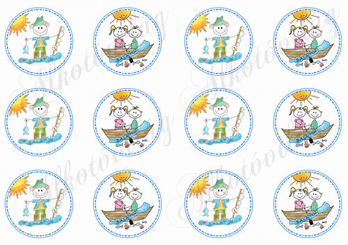 Balatoni képek - horgász és csónakázó emberkék körökben - BALATON felirattal