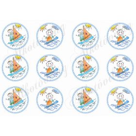   Balatoni képek - szörföző és fürdőző emberkék körökben - BALATON felirattal