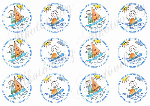 Balatoni képek - szörföző és fürdőző emberkék körökben - BALATON felirattal