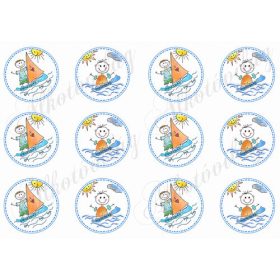   Balatoni képek - szörföző és fürdőző emberkék körökben - GYENESDIÁS felirattal