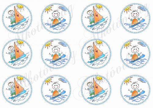 Balatoni képek - szörföző és fürdőző emberkék körökben - GYENESDIÁS felirattal