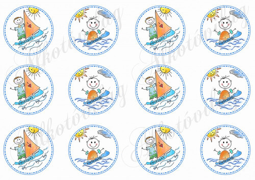 Balatoni képek - szörföző és fürdőző emberkék körökben - GYENESDIÁS felirattal