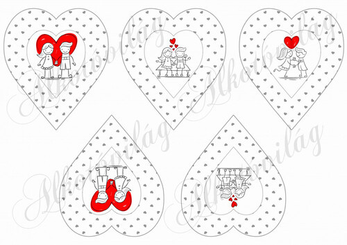 Kézzel rajzolt fiú-lány szürke apró szíves szívekben