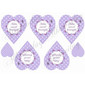   Lila alapon pöttyös szívek koszorúval - HÁLÁS SZÍVVEL KÖSZÖNJÜK felirattal